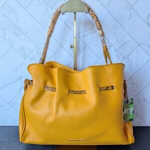 NWT Badgley Mischka Yellow Vegan Leather Tote with Snakeskin‑Embossed Trim